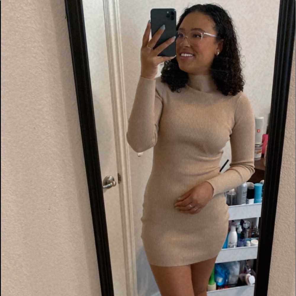 Brown turtleneck long sleeve mini body con dress